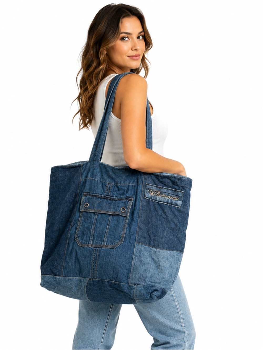 Vintage Bluenotes Patchwork Denim Tote Bag Y2K Upcycled Jeans Shoulder Purse
